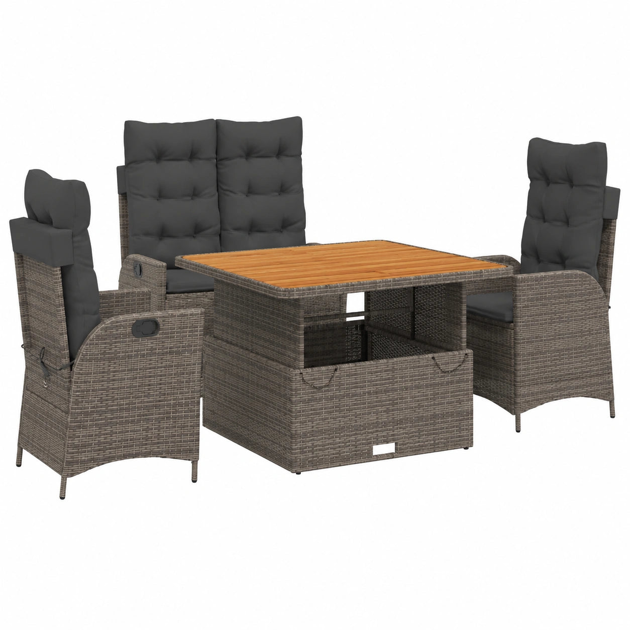 Conjunto de Muebles de Jardín de Ratán Gris con Cojines, Resistente al Clima, Incluye Mesa y Sillas Ajustables para Terraza y Balcón