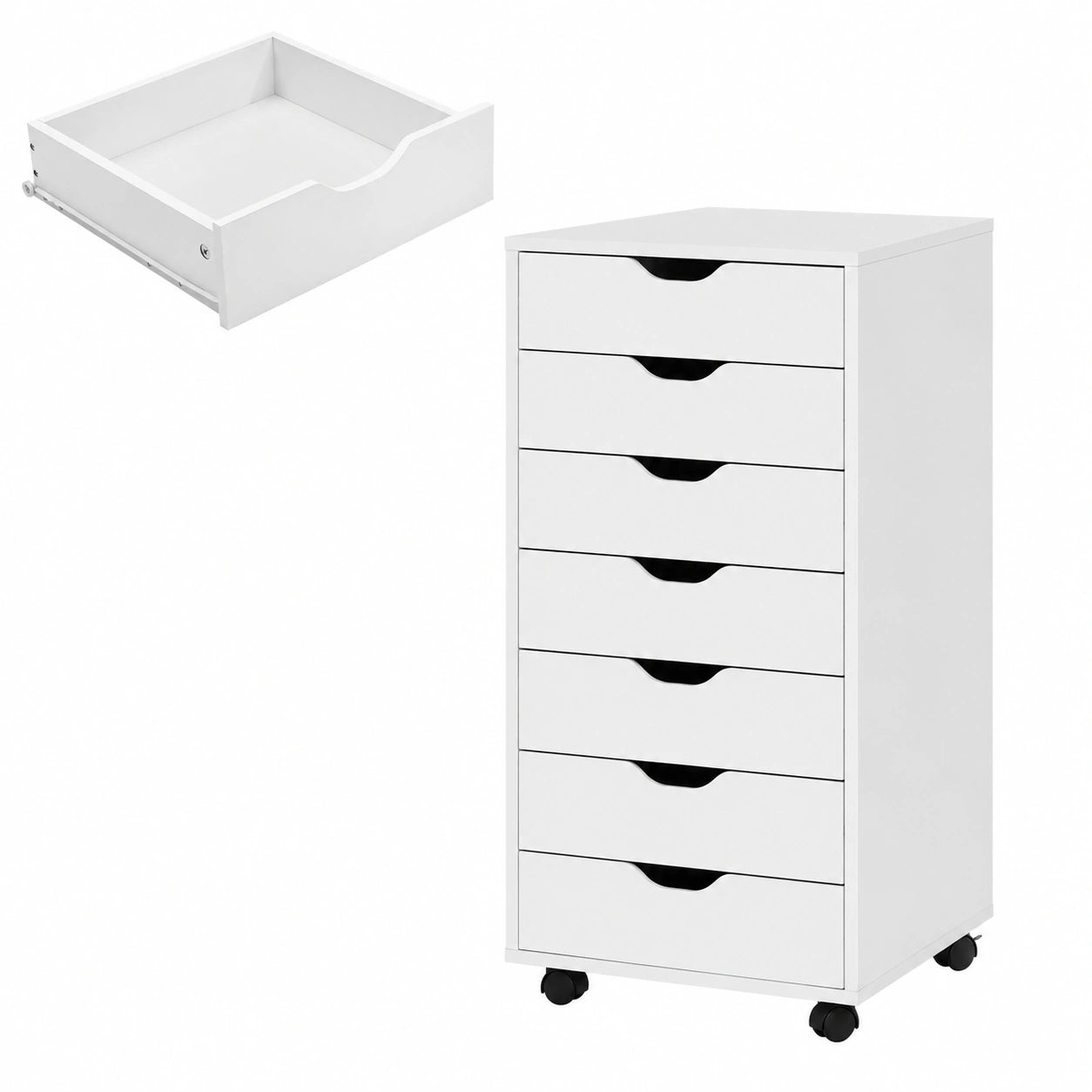 Archivador Móvil de Madera 48x40x88cm con 7 Cajones y Ruedas Bloqueables para Oficina y Hogar, Blanco
