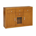 Aparador de Madera de Pino con Tres Puertas y Cuatro Cajones, Color Cerezo Claro