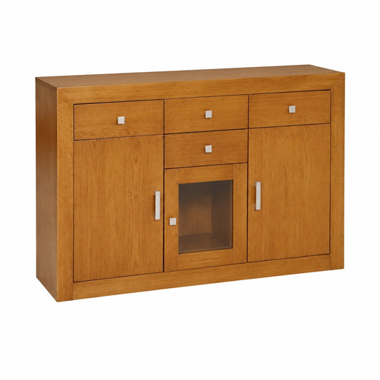 Aparador de Madera de Pino con Tres Puertas y Cuatro Cajones, Color Cerezo Claro