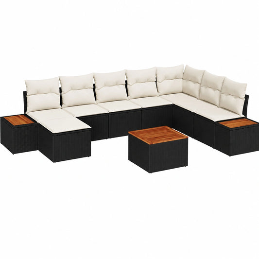 Conjunto de Sofás de Jardín 9 Piezas, Ratán Sintético y Madera de Acacia, Negro con Cojines, Ideal para Patio y Zona de Relax
