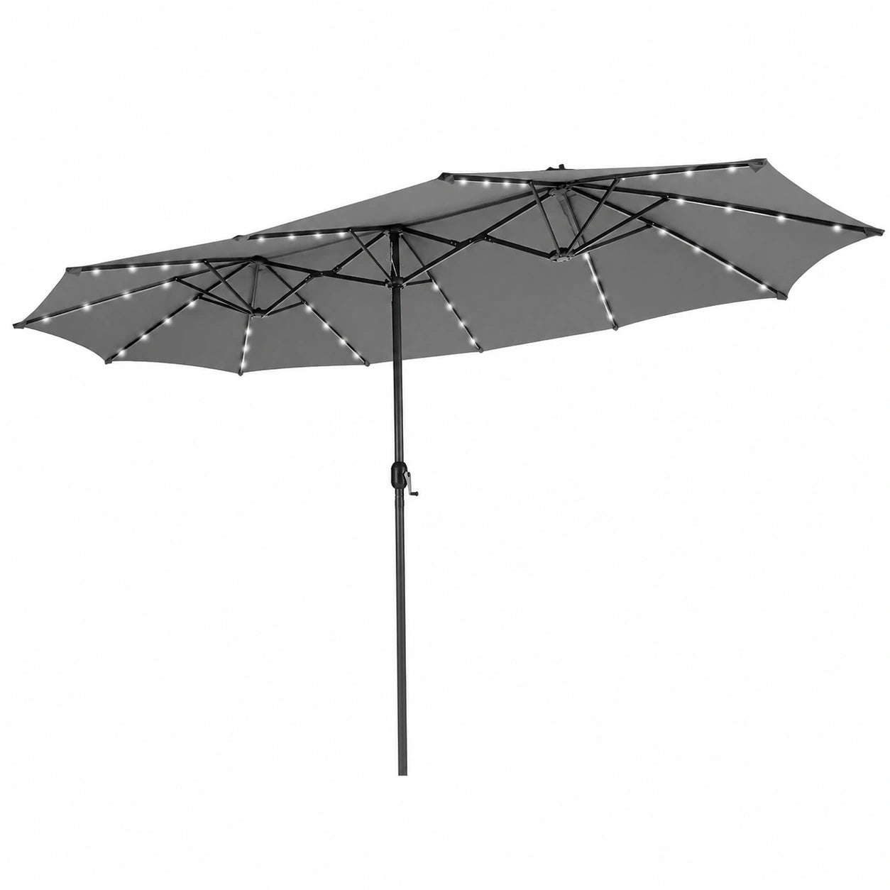 Sombrilla Doble para Terraza con Luces LED y Carga Solar, Sistema de Manivela, 470 x 280 cm, Gris