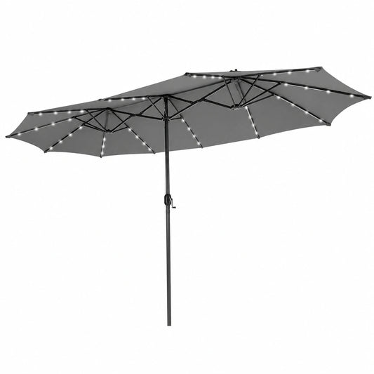 Sombrilla Doble para Terraza con Luces LED y Carga Solar, Sistema de Manivela, 470 x 280 cm, Gris