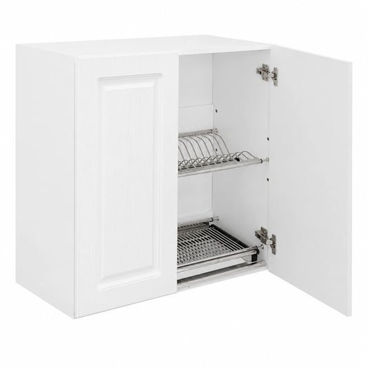 Armario Escurreplatos de Cocina con Bandeja Antigoteo, Diseño de Madera Resistente, Suspendido con Puertas y Estantes, Blanco 80x32x72 cm