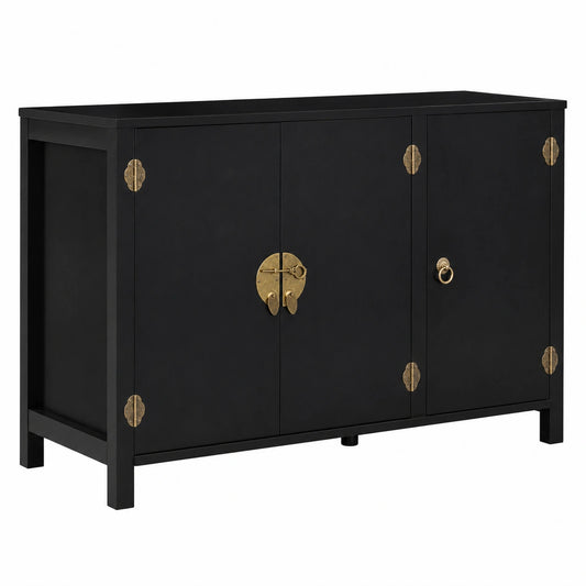 Aparador Bajo yang de Madera Negra con 3 Puertas, 110 cm