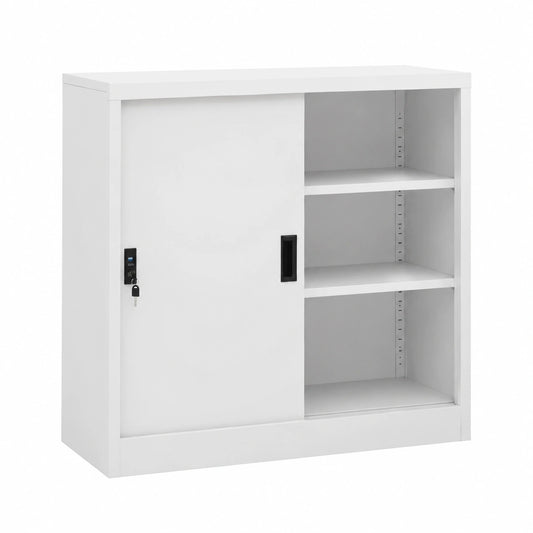 Armario Archivador de Acero con Llave y Estantes Ajustables, 2 Puertas Correderas, 90x40x90 cm, Gris Claro