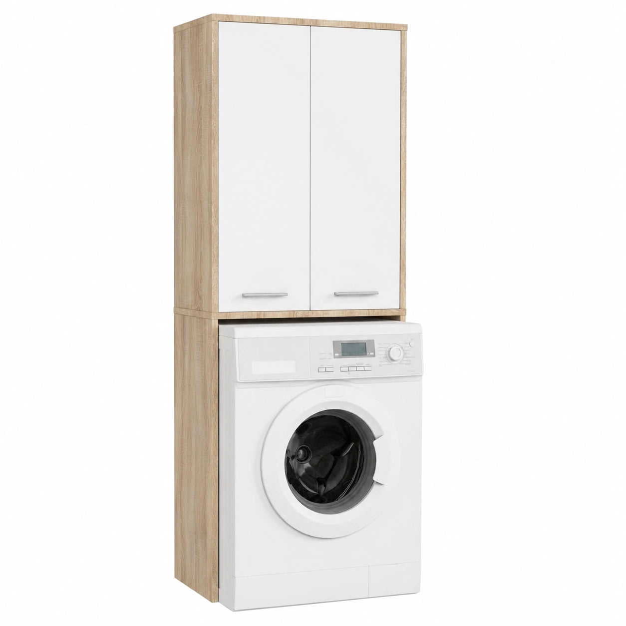Armario de Pared para Lavadora con 2 Puertas, Cajonero de Baño, 64x180x30 cm, Roble Sonoma/Blanco