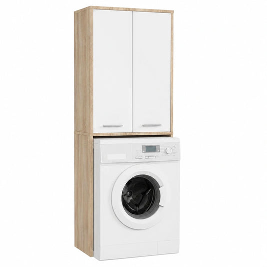 Armario de Pared para Lavadora con 2 Puertas, Cajonero de Baño, 64x180x30 cm, Roble Sonoma/Blanco