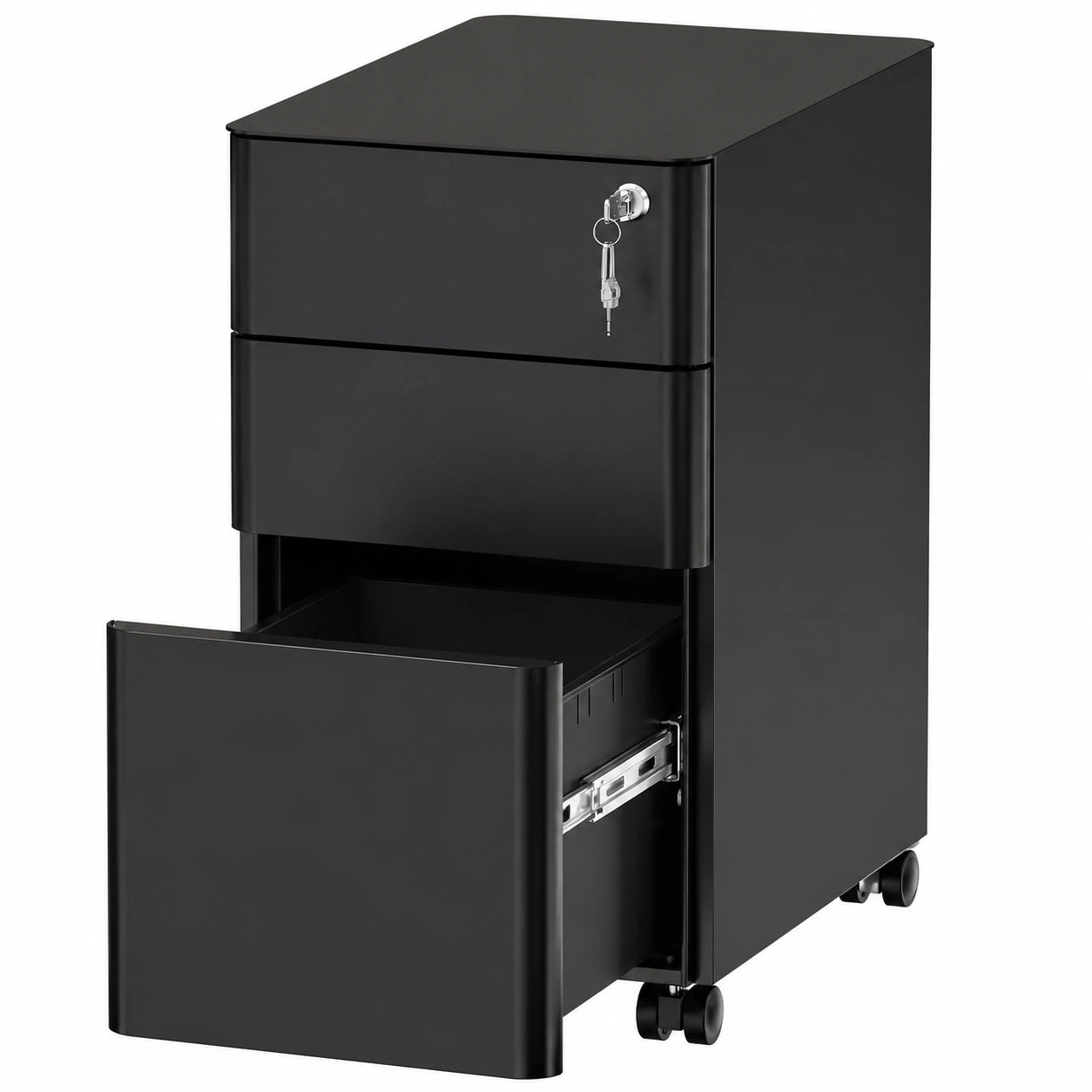 Armario Archivador Metálico Negro con Cerradura, 3 Cajones y Ruedas para Oficina, 46 x 30 x 59cm