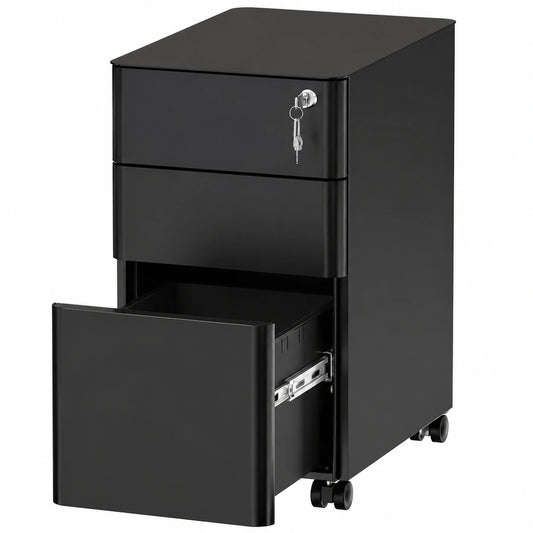 Armario Archivador Metálico Negro con Cerradura, 3 Cajones y Ruedas para Oficina, 46 x 30 x 59cm