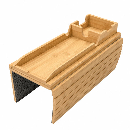 Bandeja de Madera para Sofá con Sujetavasos y Porta Móvil – Organizador Versátil