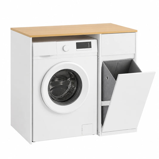 Armario Auxiliar para Baño con Cesto y Cajón, Blanco y Madera, 100x60x90 cm