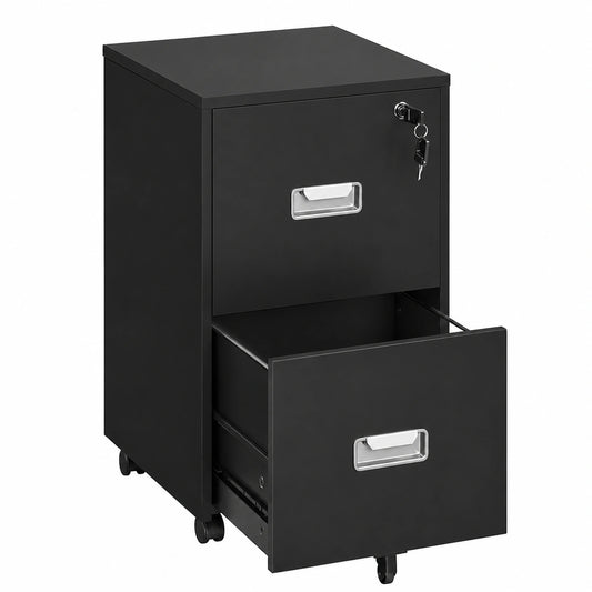 Cajonera Móvil de Oficina con Ruedas y Cerradura, 2 Cajones, Negro, 40x40x65 cm