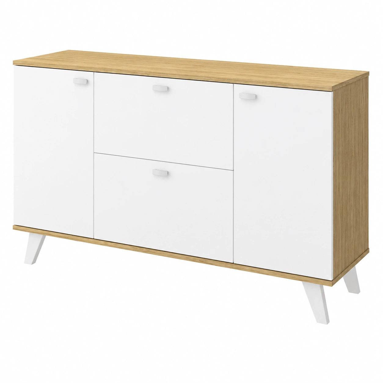 Aparador de Comedor Multifuncional con 2 Puertas y 2 Cajones, Acabado Roble Blanco, 140x40x75 cm